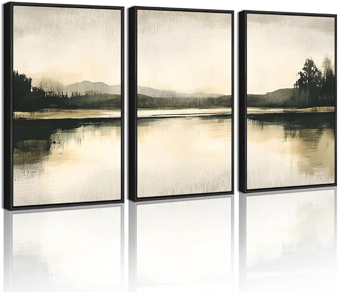 KUVIOKE Watercolor Abstract Mountain Lake Framed Wall Art Brown Landscape Nature Wilderness Painting Nordic Neutral Tan Illustration Decorative Home Decor 11x14in (Black Framed)