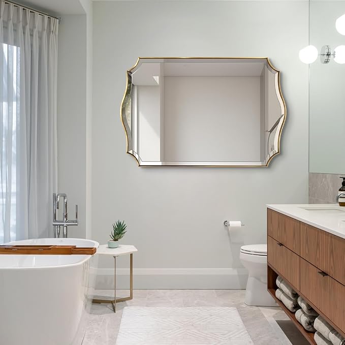 POZINO Brushed Modern Bathroom Mirror, 24"x36" Gold Scalloped Beveled Mirror for Wall, Brass Rectangle Wavy Vanity Mirrors, Irregular Shaped Mirror for Living Room Bedroom Fireplace Entryway