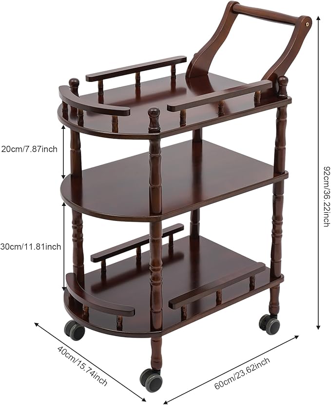 3 Tier Rolling Cart, Midcentury Modern Mobile Bar Cart Trolley, Service Cart with Wheels, for Home, Bar, Beauty Shop