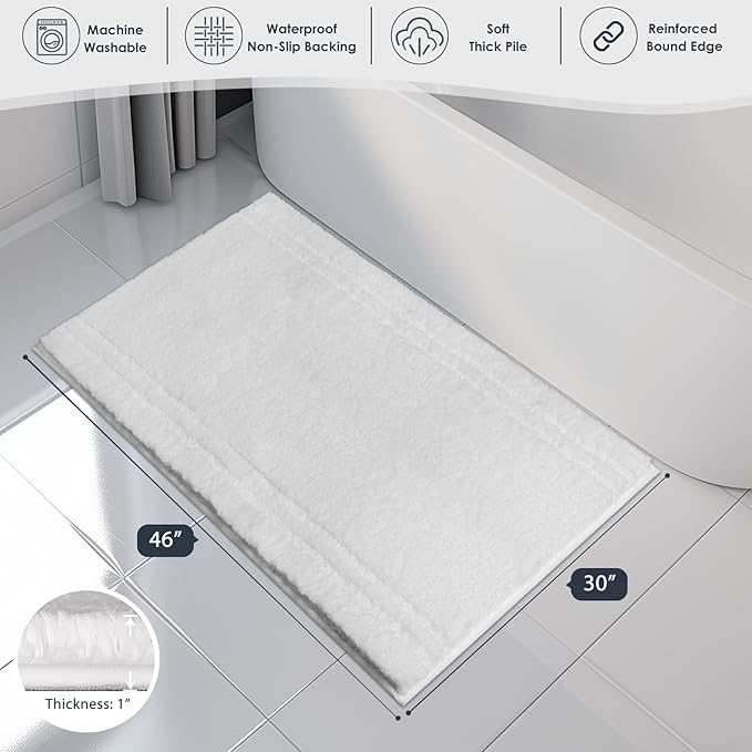 PURRUGS Bathroom Rug Non-Slip Machine Washable 30" x 46", Super Absorbent and Quick Dry Shaggy Microfiber Bath Mat, Extra Soft and Plush Bath Rug for Bathtub, Shower, and Sink, White