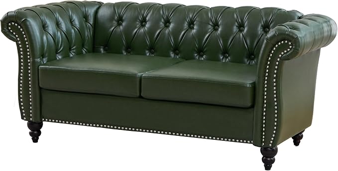 LEVNARY Chesterfield Loveseat, 2 Seater Tufted Couch for Living Room, Classic Button Tufted Upholstered Sofa, Modern Mid-Century PU Leather Loveseat (Green)