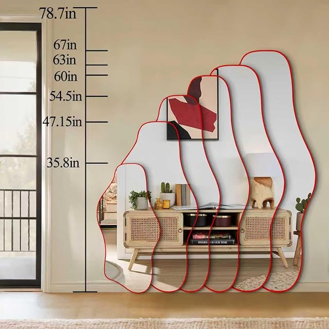 Large Irregular Wall Mirror, 63"x30" Red Asymmetrical Tempered Glass Mirror, Frameless Organic Shaped Mirrors for Entryway Hallway Bedroom Living Room, Horizontal or Vertical Hanging