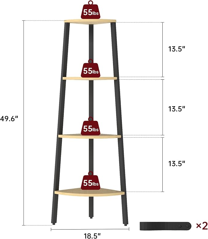 Corner Shelf, 4 Tier Ladder Corner Bookshelf, Display and Bookshelf Stand Unit, Anti Tip Feature, Space Saving, Ideal for Plants, Books, Living Room, Bedroom, Natural Oak