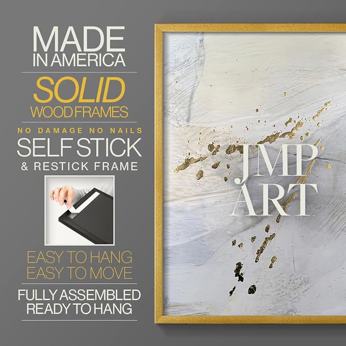 Renditions Gallery Set of 2 Peel & Stick Framed Prints, Modern Abstract Wall Art, Gold Sprinkle Oil Painting Wall Decor, Re-Stickable - Ready to Hang - 16"x20" - GOLD Frame LT588