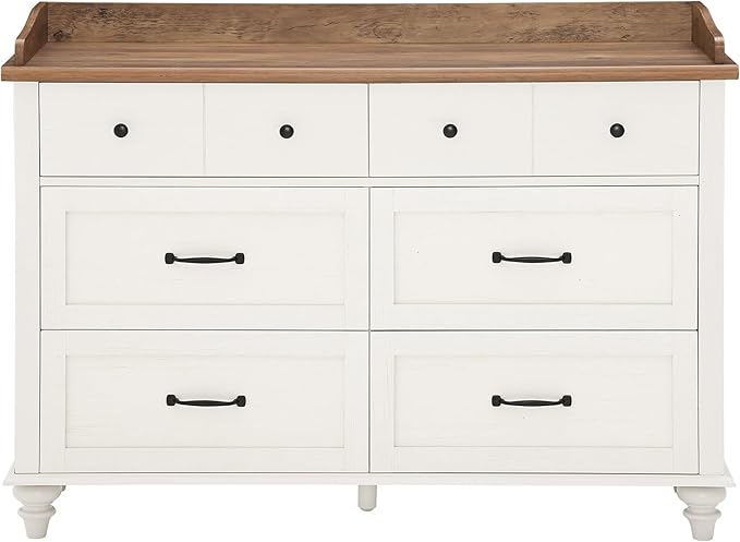 WAMPAT Off White Dresser for Bedroom with 6 Drawers, Wooden Dresser TV Stand with Wide Chest of Drawers, Mid Century Modern Closet Storage Organizer for Living Room, Hallway, Nursery