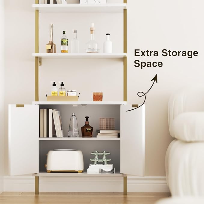 Set of 2 Ladder Bookshelf with Cabinet, 71" Tall Bookcase with Shelves & Storage, Fluted Ladder Shelf with Metal Frame, 6-Tier Display Rack for Living/Bedroom, Home & Office, White & Gold