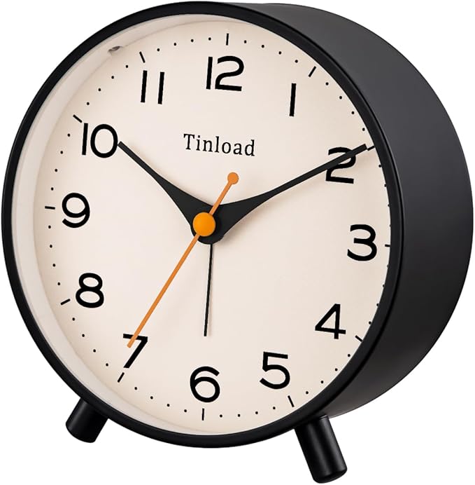 Tinload 4.5" Antique Retro Analog Alarm Clock, Small Silent Bedside Desk Clock,Lighted on Demand, Battery Operated, Snooze, for Living Room, Bedroom, Bedside(Black)