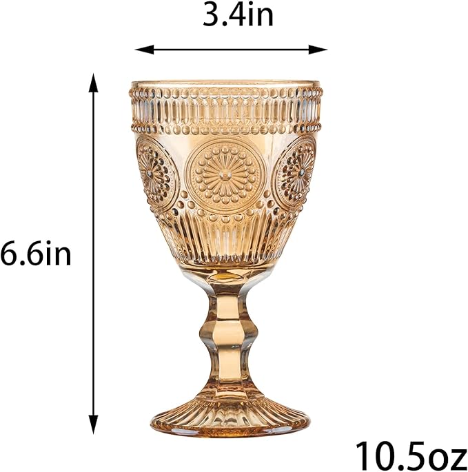 Vintage Wine Glasses Set of 6, 10 Ounces Colored Glass Water Goblets, Unique Flower Embossed Pattern High Clear Stemmed Glassware Wedding Party Bar Glass Drinking Cups Flower Amber Fancy Glasses