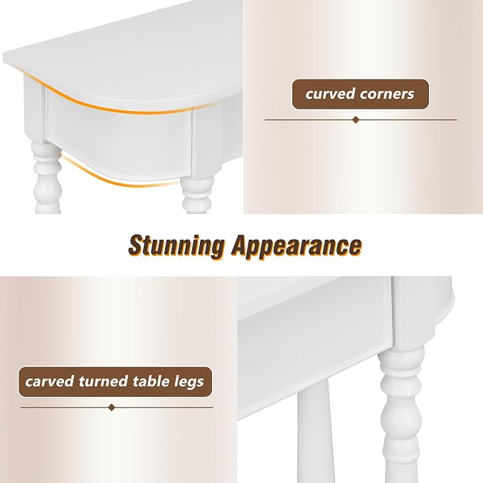 SOFTSEA Curved Corner Console Table with Drawer, 36" Entryway Table with Open Storage Shelf, Retro Curved Enterway Table with Storage, Save Space, White