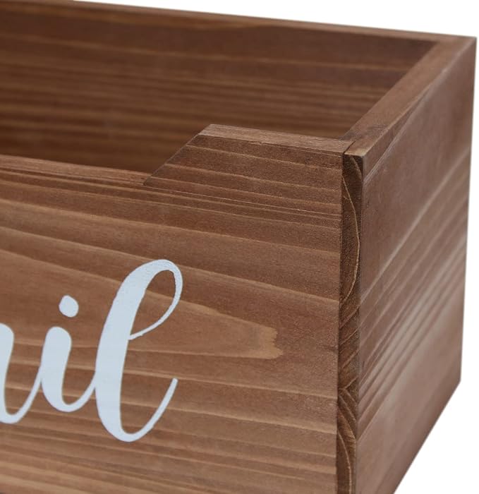 Elegant Designs HG2010-NMW Rustic Farmhouse Wooden Tabletop Decorative Script Word Mail Organizer Box, Letter Holder Office-Accessories-and-décor, Natural Wood/White
