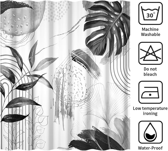 Mid Century Boho Shower Curtain Gray Tropical Palm Leaf Abstract Geometric Minimalist Aesthetic Bathroom Decor Watercolor Plant Bath Curtain Washable Waterproof Polyester Fabric with Hooks 72x96 Inch
