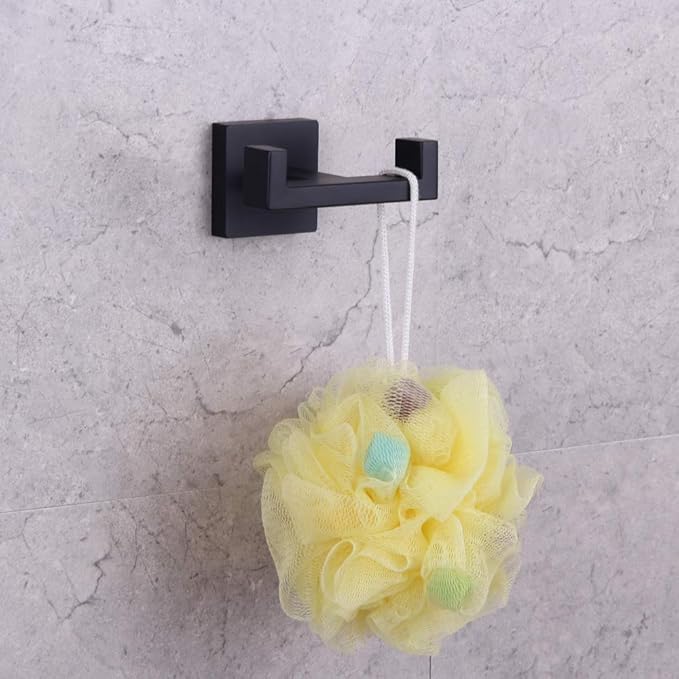 GERZWY Bathroom Matte Black Double Coat Hook SUS 304 Stainless Steel Towel/Robe Clothes Hook for Bath Kitchen Modern Hotel Style Wall Mounted AG1407B-BK