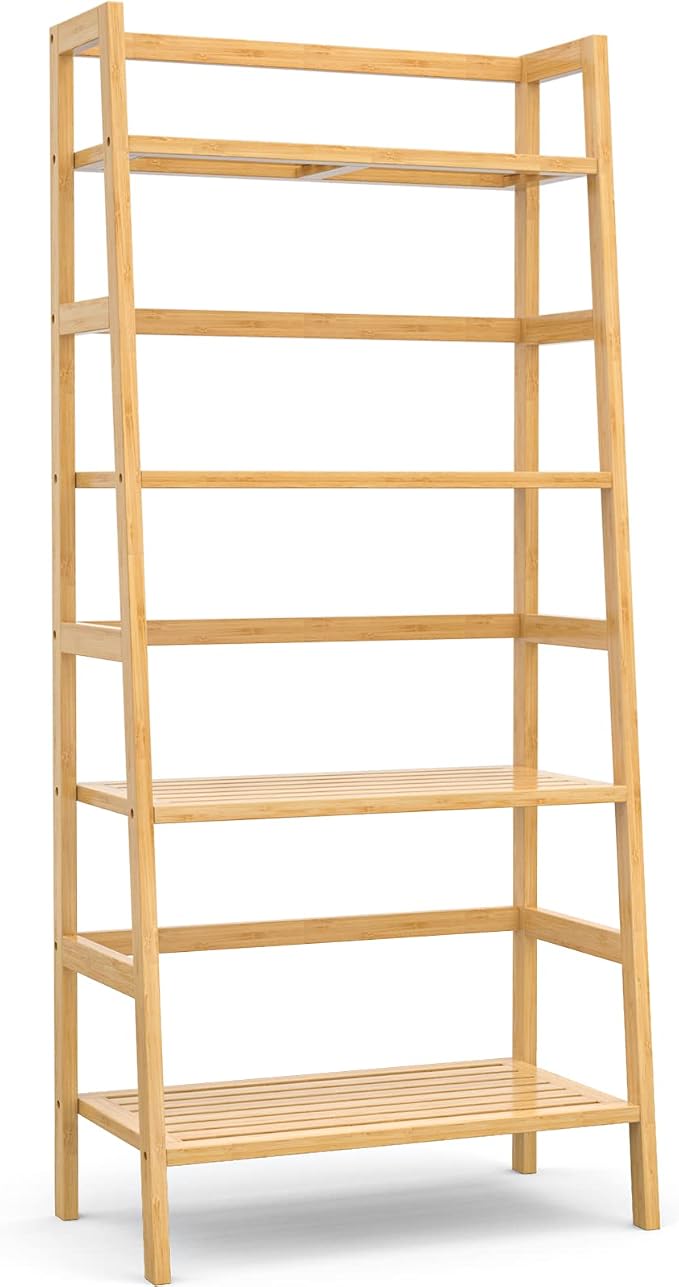 Homykic Ladder Shelf, 4-Tier Bamboo Ladder Bookshelf Small Bookcase, 49” Tall Open Display Shelves Wood Plant Stand Storage Rack for Living Room, Bathroom, Bedroom, Home Office