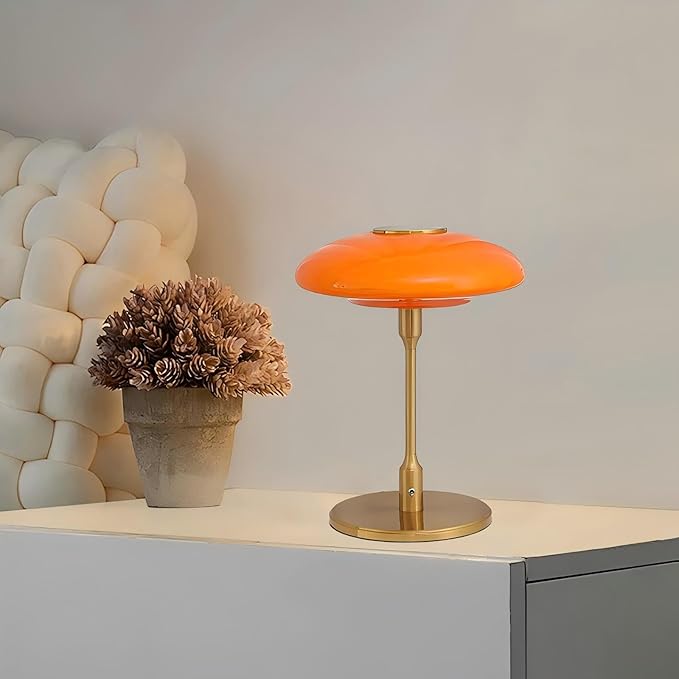 Table Lamp, Metal and Glass Modern Bedside Lamp, Decorative Table Light, Table Lamp for Living Room Bedroom Study Room, 12.6 * 16.5 Inch, Gold & Orange
