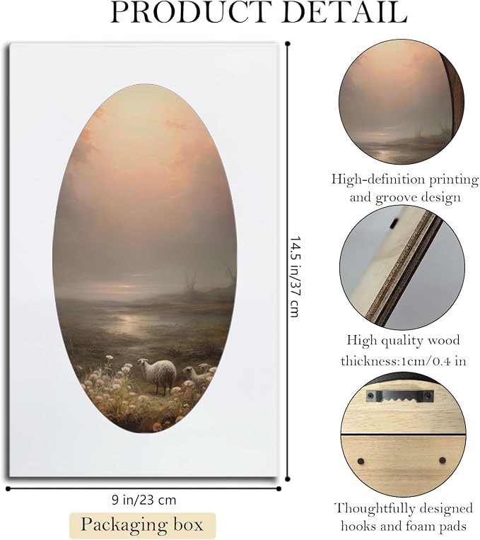UYIKG Vintage Farmhouse Sheepa Oval Wall Art Decor,Rustic Cottagecore Lambs Floral Oval Wooden Framed Decor for Home Bedroom Theme Room Reading Room 9x14.6 in