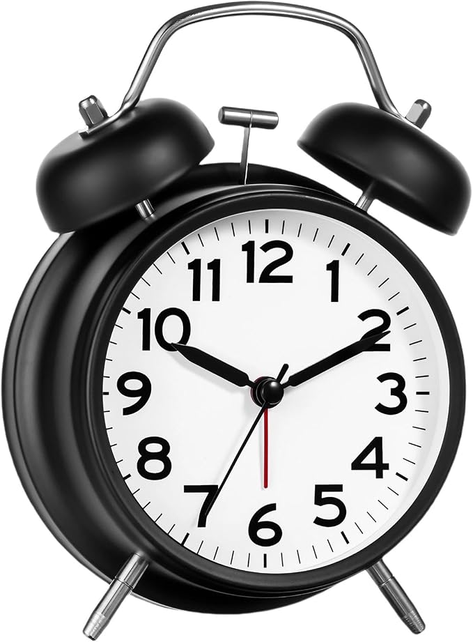AKCISOT Loud Alarm Clock for Heavy Deep Sleepers, 4.5 Inches Analog Metal Twin Bell Clocks Battery Operated with Backlight for Bedroom Bseide, Old Fashioned for Desk Home Decoration (Black White)