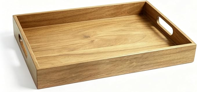 Acacia Wood Serving Tray with Handles, 17 x 12 Inch Large Wooden Tray for Food & Drinks, Coffee Table, Ottoman, Breakfast in Bed – Includes Free Leather Mat