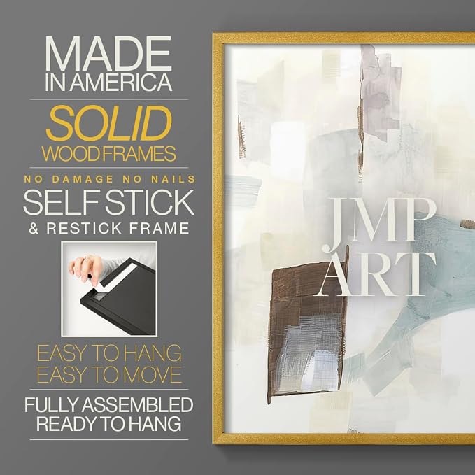 Renditions Gallery Set of 2 Peel & Stick Framed Prints, Abstract Wall Art, Minimalist Color Block Brush Strokes Wall Decor, Re-Stickable - Ready to Hang - 8"x10" - GOLD Frame LT588