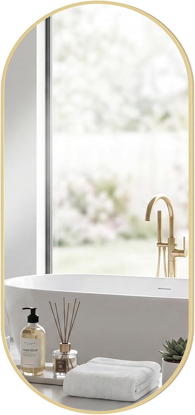 Sweetcrispy 24" x 48" Gold Bathroom Mirror for Wall, Oval Wall Mirrors with Metal Frame, Tempered Glass, Modern Vanity Mirror for Over Sink, Living Room, Bedroom, Entryway, Horizontal or Vertical