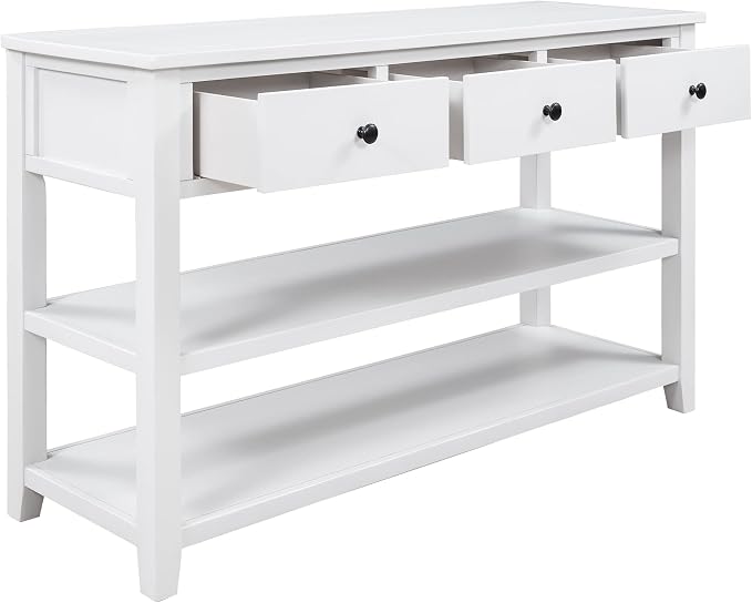 LUMISOL Long Console Table with 3 Storage Drawers, Solid Wood Sofa Table with Storage & Open Shelves, Retro Entryway Tables for Hallway Living Room, 50''L x 16''W x 30.2''H (Antique White)