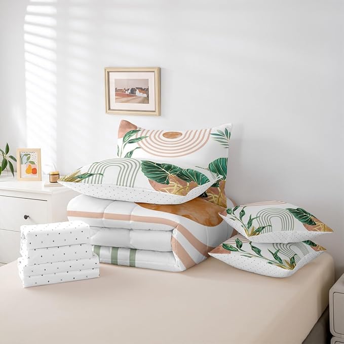 Erosebridal Pink and Green Boho Full Comforter Set with Sheets 7 Piece Aesthetic Mid Century Bed in A Bag Simple Line Botanical Leaf Art Bedding Sets for Women Modern Minimalist Tropical Bed Set