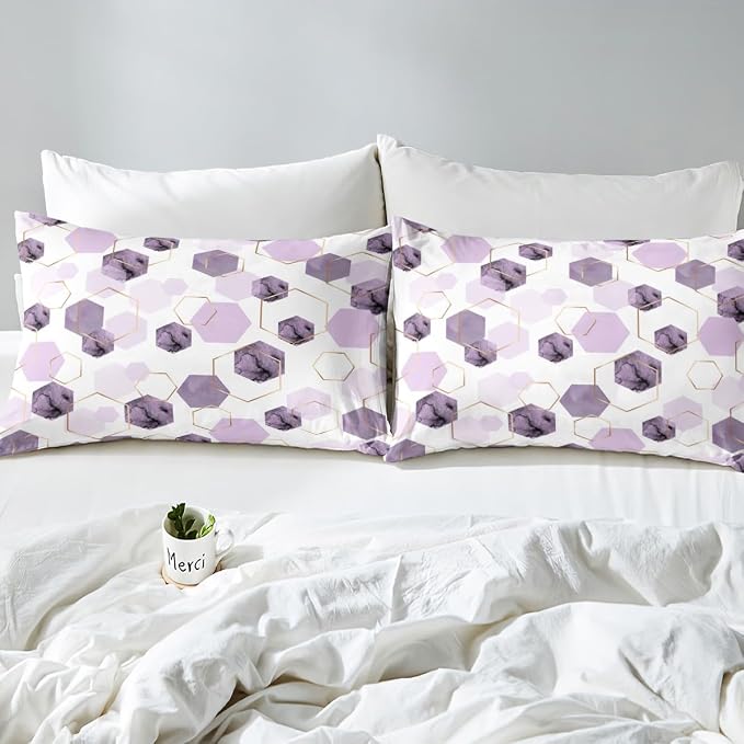 Erosebridal Lavender Purple Modern Duvet Cover Twin - Marble Grain Geometric Bedding, Fresh Abstract Geometric Art Bed Set for Boys Girls Watercolor Hexagon Bed Cover with 1 Pillowcase