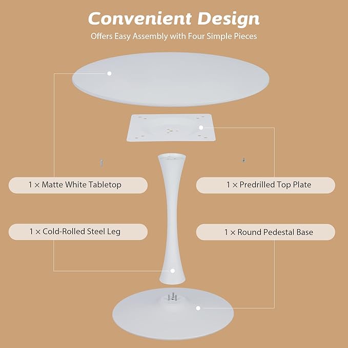 VONLUCE White Round Dining Table,36" Tulip Table,Kitchen Table for 4 to 6 Person,Modern Furniture with MDF Top & Pedestal Base for Dining Room, Living Room White