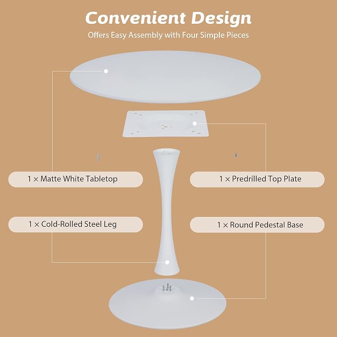 VONLUCE White Round Dining Table,36" Tulip Table,Kitchen Table for 4 to 6 Person,Modern Furniture with MDF Top & Pedestal Base for Dining Room, Living Room White