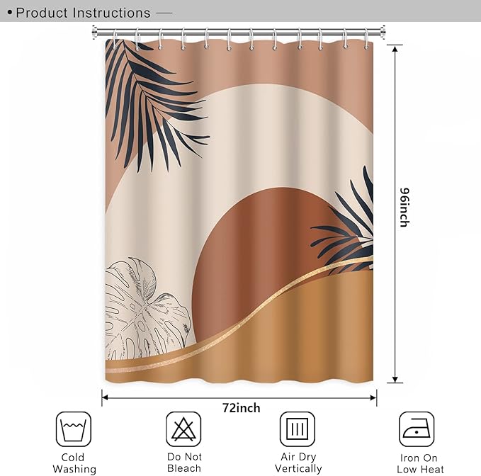 Abstract Mid Century Boho Bathroom Shower Curtain - Orange Sun Eucalyptus Leaves With Hooks, Waterproof Fabric Polyester for Aesthetics Home Decor, 72x96 Inch