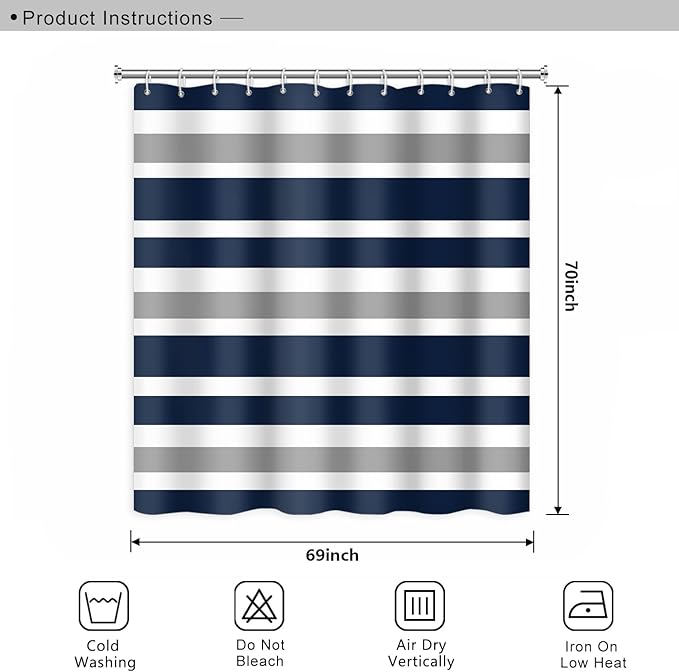 Stripes Fabric Bathroom Shower Curtain Dark Blue Grey Modern Minimalist Shower Curtain with Hooks Polyester Waterproof Abstract Art Decor, 69x70 Inch