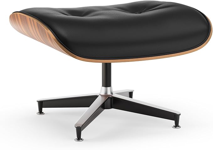 Top Black PU Leather, Mid Century Chaise Lounge Chair and Ottoman, Modern Chair Classic Design, Palisander Wood, Heavy Duty Base Support for Living Room Office