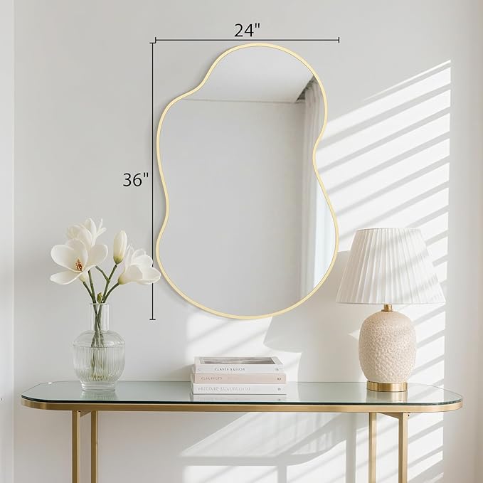 HOMECOOKIN 36" H x 24" W Irregular Wall Mirror, Asymmetrical Decorative Mirror with Gold Aluminum Frame, Wavy Abstract Gold Mirror, for Living Room, Bedroom, Bathroom, Entryway, Cloakroom