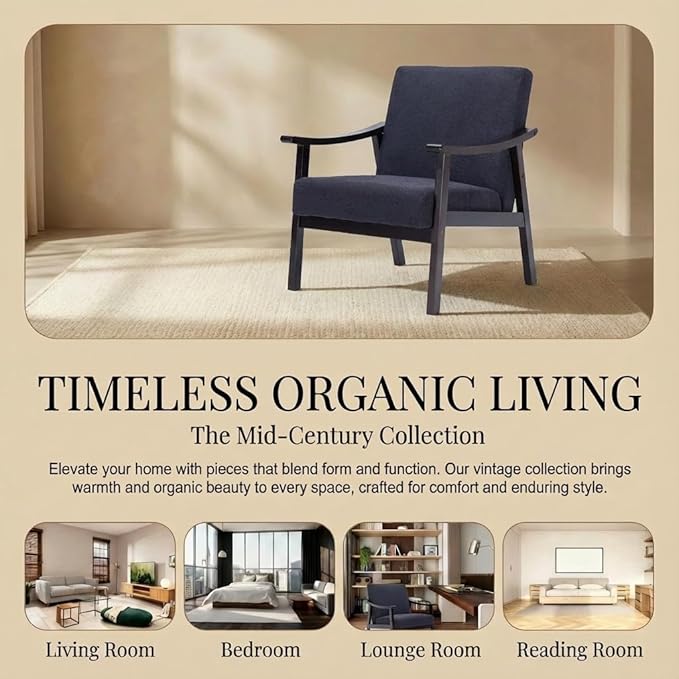 Mid-Century Modern Accent Chair, Upholstered Arm Chair Solid Wood Frame for Lounge, Living Room, Reading Room, Bedroom (Antique Black)