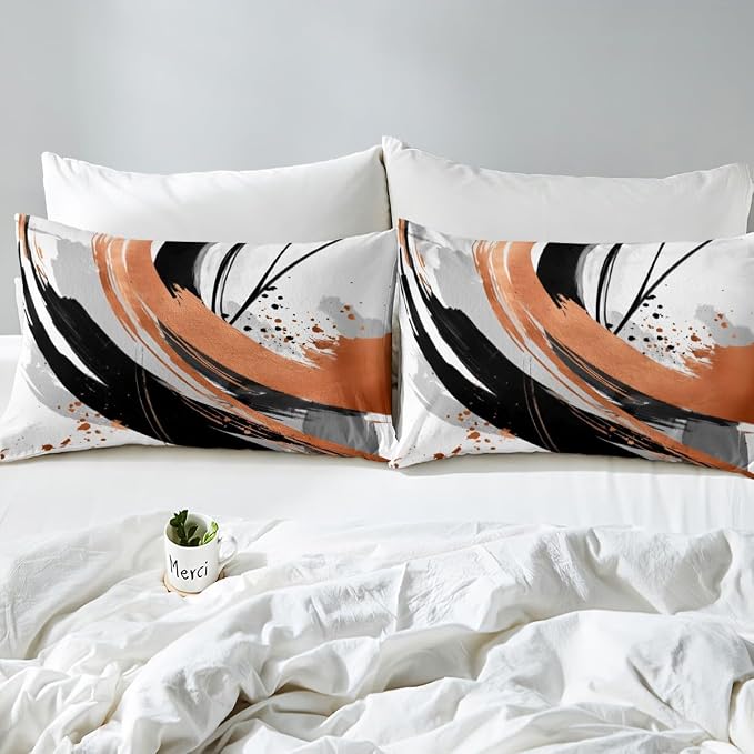 Erosebridal Black Burnt Orange Duvet Cover Twin - Modern Geometric Decorative Abstract Bedding Striped Bed Set for Boys Adults Girls Minimalist Graffiti Aesthetic Lines Bed Cover