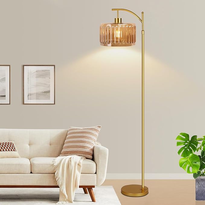 Glass Floor Lamp for Living Room,Bedroom,Gold Mid Century Modern Standing Lamp with Remote,Dimmable Brass Tall Lamp Amber Flower Lamp Vintage Floor Lamps Arc Floor Light Boho Bohemian