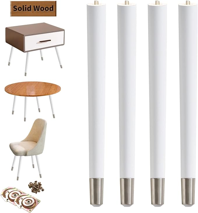 TEMI Table Legs 16 inch Wood Furniture Legs with Metal Edge for Coffee Table End Table Mid-Century Modern Style Tapered Round DIY Furniture Legs Accessories Included, White