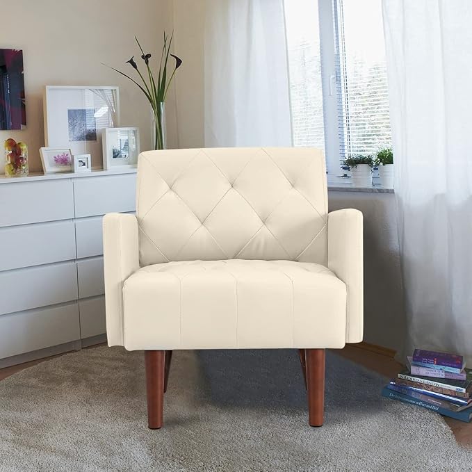 Faux Leather Accent Chair, Modern Retro Arm Chair for Living Room and Bedroom Tufted Upholstered Sofa Club Chair Comfy Armchair for Small Spaces Bedroom Office (Beige)