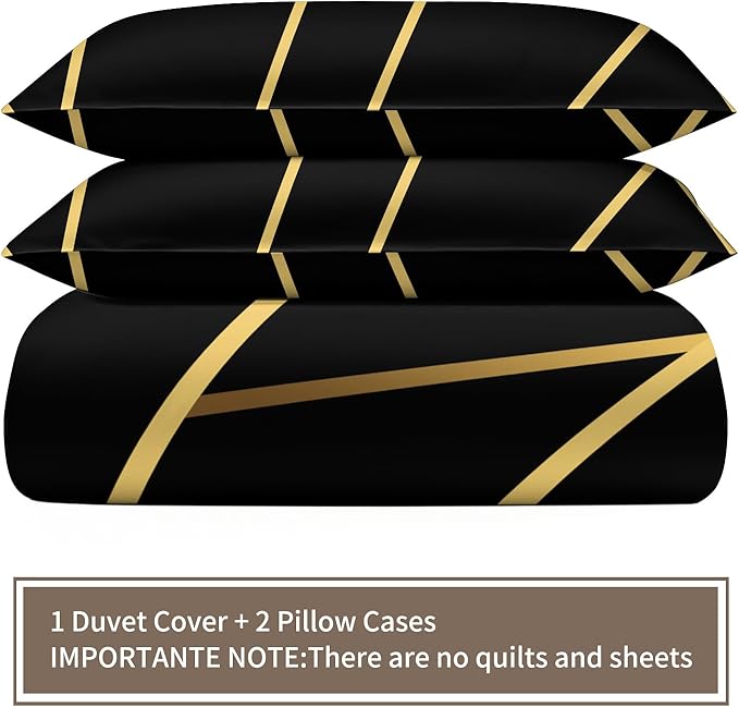 Geometric Duvet Cover Twin Size, Abstract Modern Geometric Stripes Bedding Set 3 Piece, Black Gold Geometry Lines Patterned Comforter Cover with Zipper Soft Microfiber, 2 Pillowcases