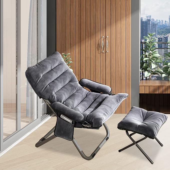 Lazy Chair with Ottoman, Lazy Sofa Back Chair,Foldable Modern Lounge Accent Chair with Armrests and a Side Pocket, Leisure Upholstered Sofa Chair Set, Reading Chair with Footrest for Small Space
