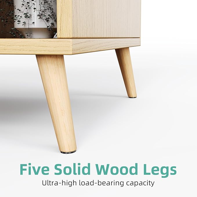 8 Cube Storage Organizer, Mid-Century Modern Wooden Bookcase with 5 Solid Wood Legs, Horizontal Cubby Bookshelf Fits 11 Inch Bins, Versatile Console TV Stand for Living Room, Kids Room, Natural