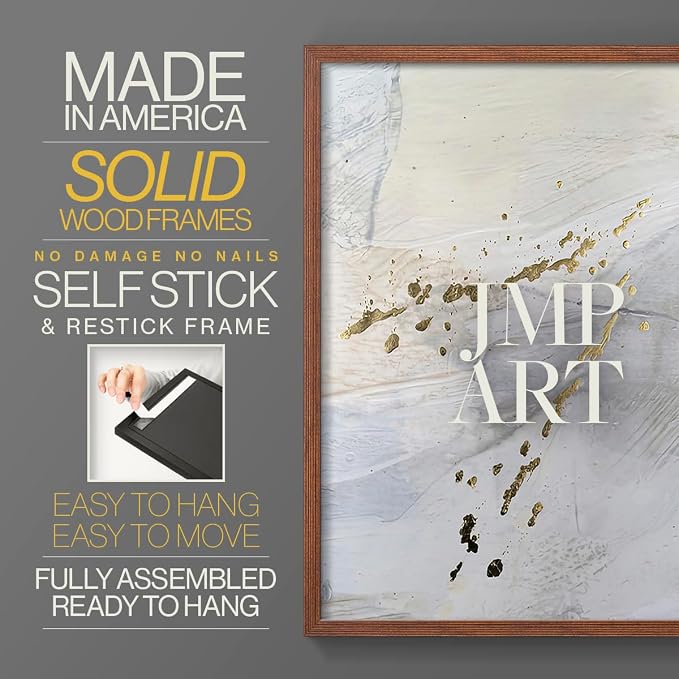 Renditions Gallery Set of 2 Peel & Stick Framed Prints, Modern Abstract Wall Art, Gold Sprinkle Oil Painting Wall Decor, Re-Stickable - Ready to Hang - 16"x20" - Walnut Frame LT588