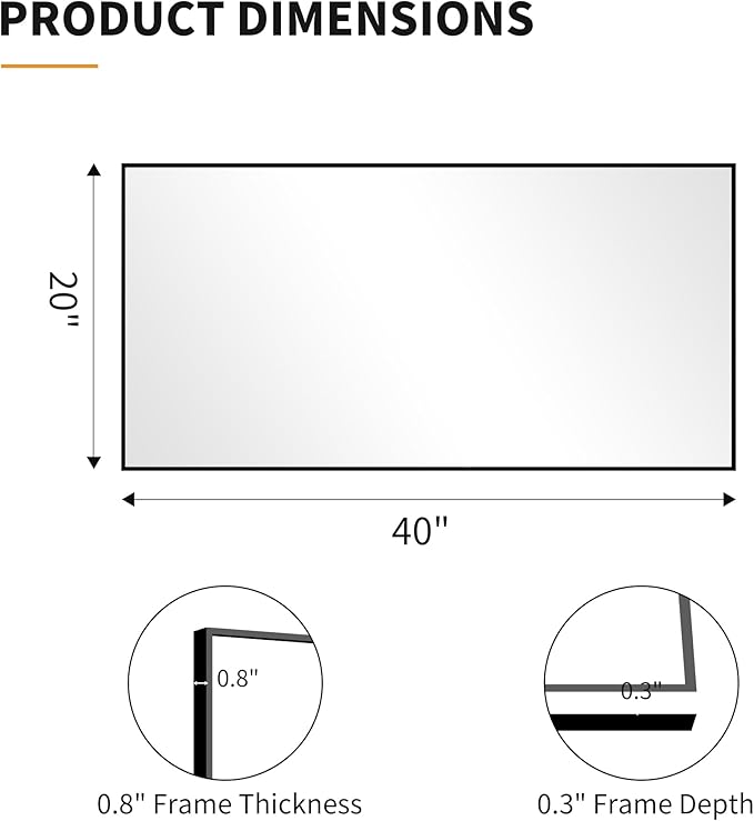 KOCUUY Black Bathroom Mirror, 20x40 Inch Rectangle Mirror for Over Sink, Modern Decorative Wall Mirror for Bedroom Living Room Bathroom, Hang Horizontal/Vertical