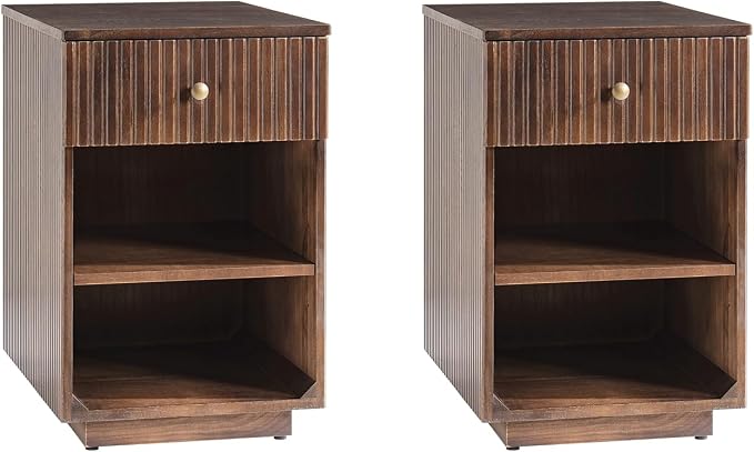 HULALA HOME Mid-Century Modern End Table with Drawer and Open Shelves, Solid Paulownia Wood Side Table, Brass Knob, No Assembly Required(Set of 2, Walnut)