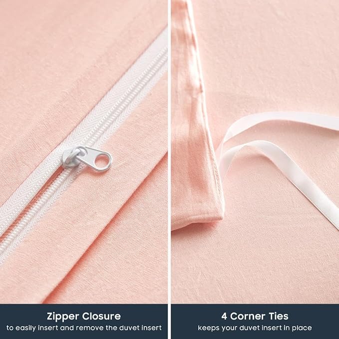 Wake In Cloud - Cotton Duvet Cover Set, 100% Washed Cotton, Linen Like Textured, Breathable Durable Comfy Farmhouse Neutral Bedding Set, 3 Pieces, Pink, Full Size