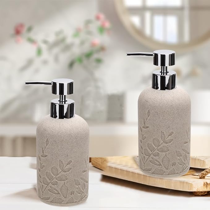 2pcs Hand Soap Dispenser Set, Sandstone Textured Resin Liquid Soap Dispensers for Bathroom Countertop, Heavy & Sturdy Dish Wash Soap Dispenser for Kitchen, Matte Beige