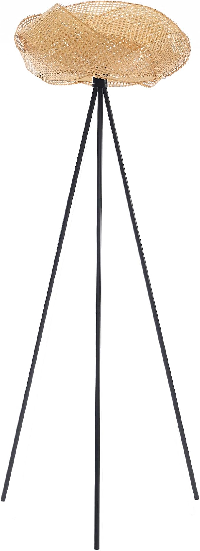 Handwoven Tripod Floor Lamp, Boho Bamboo Woven Lotus Shade Tall Standing Lamp, Black Metal Base for Living Room Bedroom Entryway, E26 Socket (Natural)