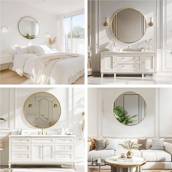 Gold Round Mirror 28 inch, Gold Circle Mirror, Round Wall Mirrors Metal Frame, Circle Mirrors for Bathroom, Living Room, Hallway, Vanity, Over Sink