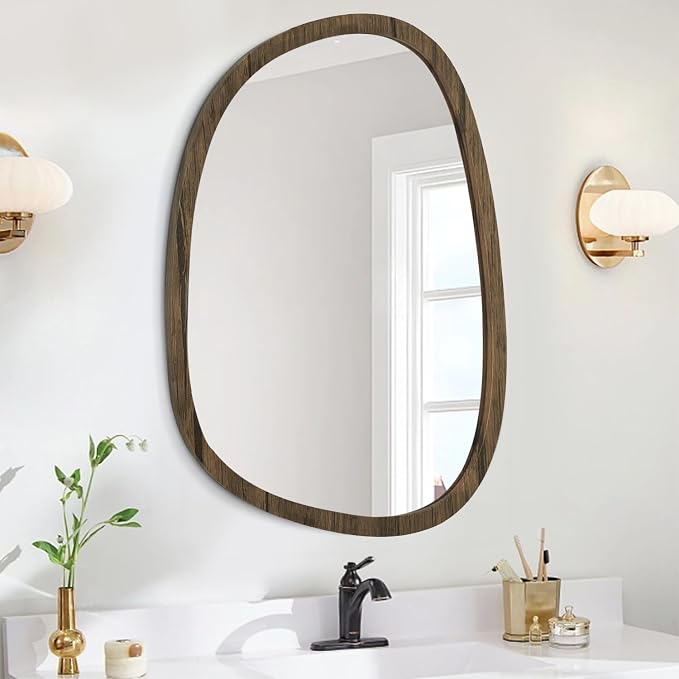 Brown Irregular Wooden Framed Mirror Hanging Asymmetrical Mirror for Wall Modern Wall Mirror Unique Shape Decorative Vanity Bathroom Living Room Bedroom Entryway Hallway Artistic Oval Mirror