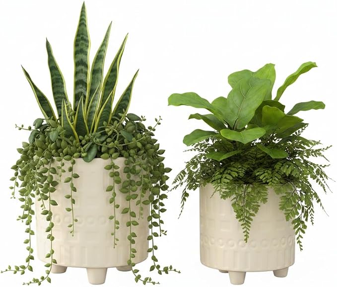 Urban Trends Ceramic Planter Set of 2 with Tripod Stand, Cream Gloss Pots with Debossed Contrasting Shapes Pattern, Decorative Plant Pots for Indoor Plants, Succulents, Shelf, Table Decor