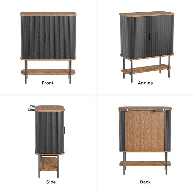 FiveWillowise Black Coffee Bar Cabinet with Storage, Fluted Wine Liquor Cabinet with Sliding Doors, Glass Holder and Wine Rack, Buffet Sideboard for Kitchen, Dining Room, Living Room